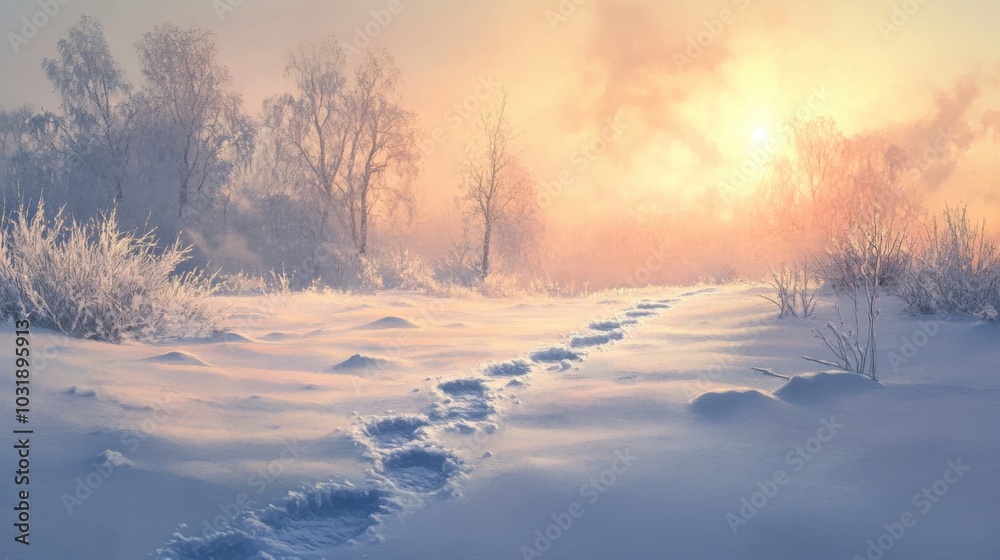 Footprints in the snow, leading through a quiet winter landscape, with trees in the background Footprints in the snow, leading through a quiet winter landscape, with trees in the background