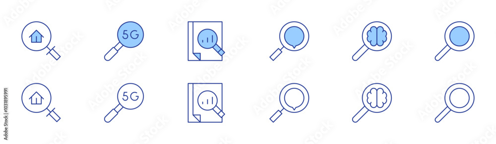 Search icon set in two styles, Duotone and Thin Line style. Editable stroke. search, real estate, 5G, magnifying glass Search icon set in two styles, Duotone and Thin Line style. Editable stroke. search, real estate, 5G, magnifying glass