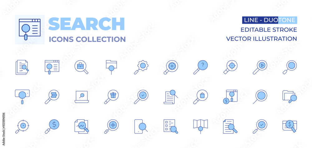 Search icons collection. Line Duotone style, editable stroke. information, search, looking for answer, searching, gear, file, discovery, analysis, job search, search phone, search survey