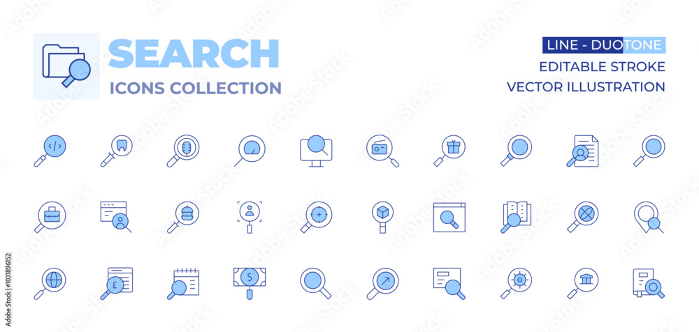 Search icons collection. Line Duotone style, editable stroke. research, search, target, recruiter, searching, computer, magnifying glass, seo, online recruitment, analysis, job search