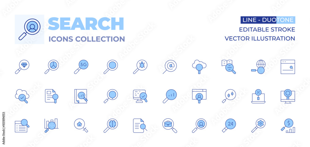 Search icons collection. Line Duotone style, editable stroke. study, search, job search, real estate, searching, checking, preview, 5G, case, magnifying glass