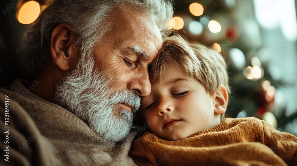 A touching image capturing the serene and loving connection between a grandfather and his sleeping grandchild, surrounded by soft, warm seasonal decorations. A touching image capturing the serene and loving connection between a grandfather and his sleeping grandchild, surrounded by soft, warm seasonal decorations.