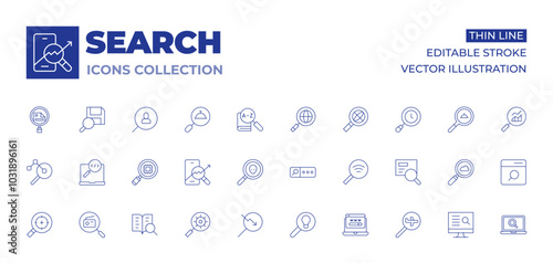 Search icons collection. Thin Line icons, editable stroke. engine, website, research, searching, target, trading, search flight