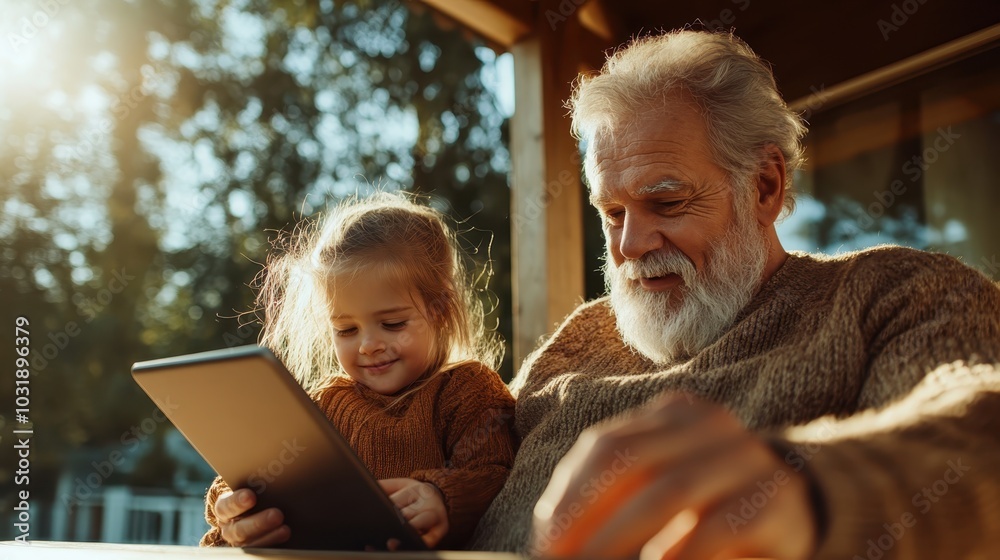 A warm moment as a grandfather and his granddaughter enjoy looking at a tablet, bathed in soft sunlight, capturing the essence of family love and connection. A warm moment as a grandfather and his granddaughter enjoy looking at a tablet, bathed in soft sunlight, capturing the essence of family love and connection.