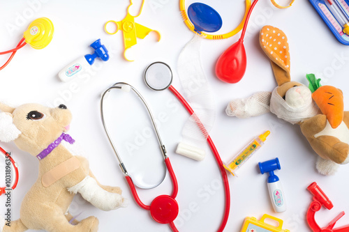 Toy Doctor Set. Medical Kit on White Background. Flat lay,top view.