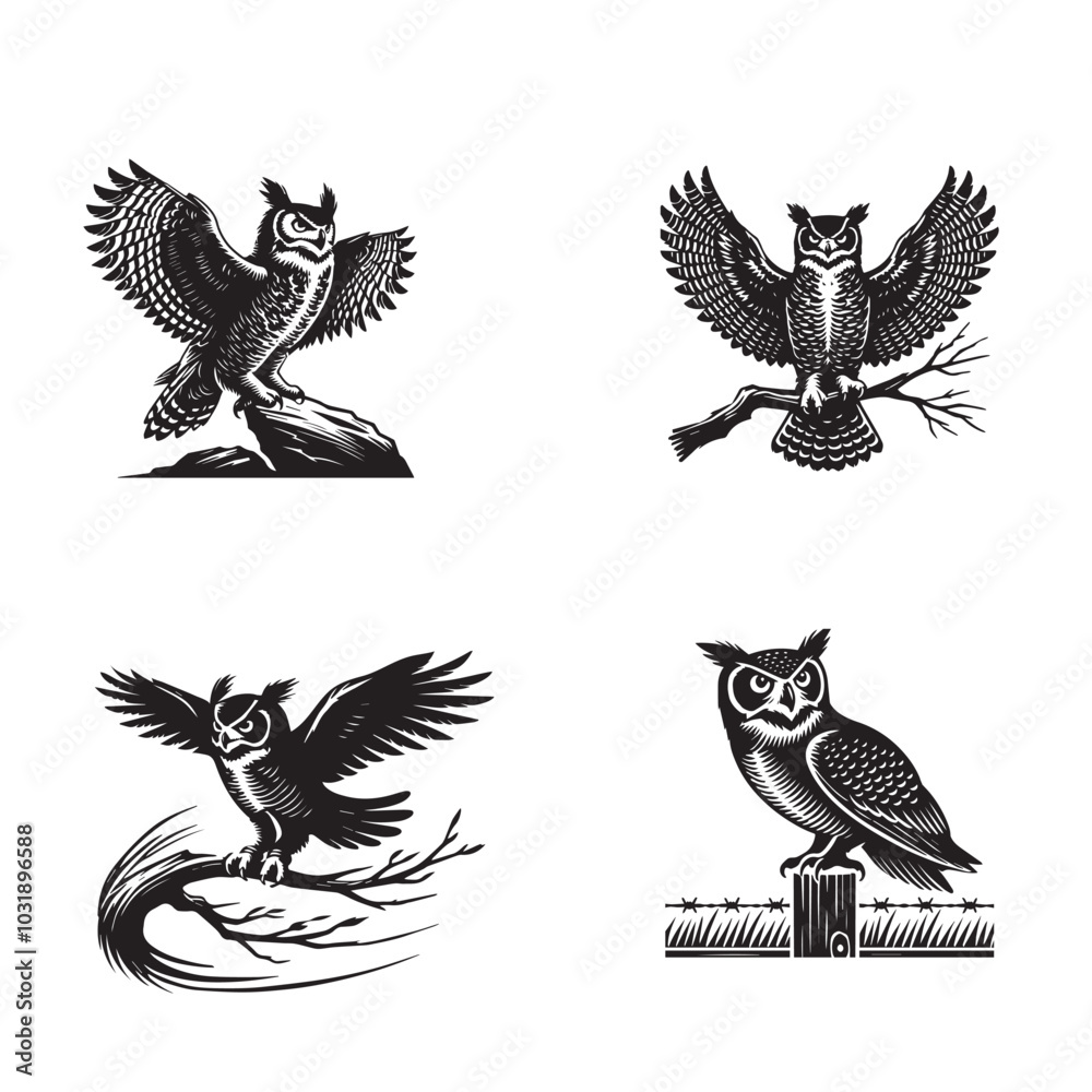 Fototapeta premium Collection of Great Horned Owl Silhouette Design - Great Horned Owl Vector illustration