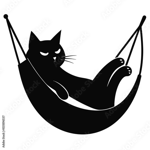 A cat lying in a hammock vector silhouette illustration on white background