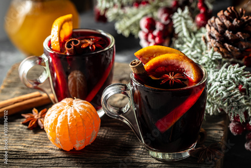 Christmas mulled wine with spices and oranges, festive cocktail photo