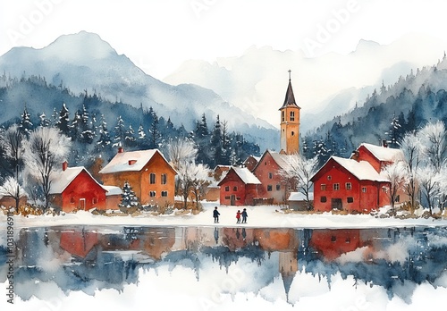 Snowy winter scenes with red houses and fir trees in a town landscape watercolor