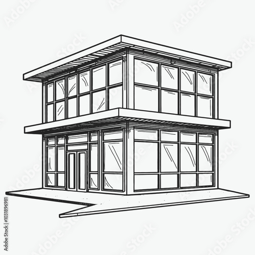a black and white line drawing of a modern building. The building appears to be a two-story structure with a flat roof and large windows on the second floor