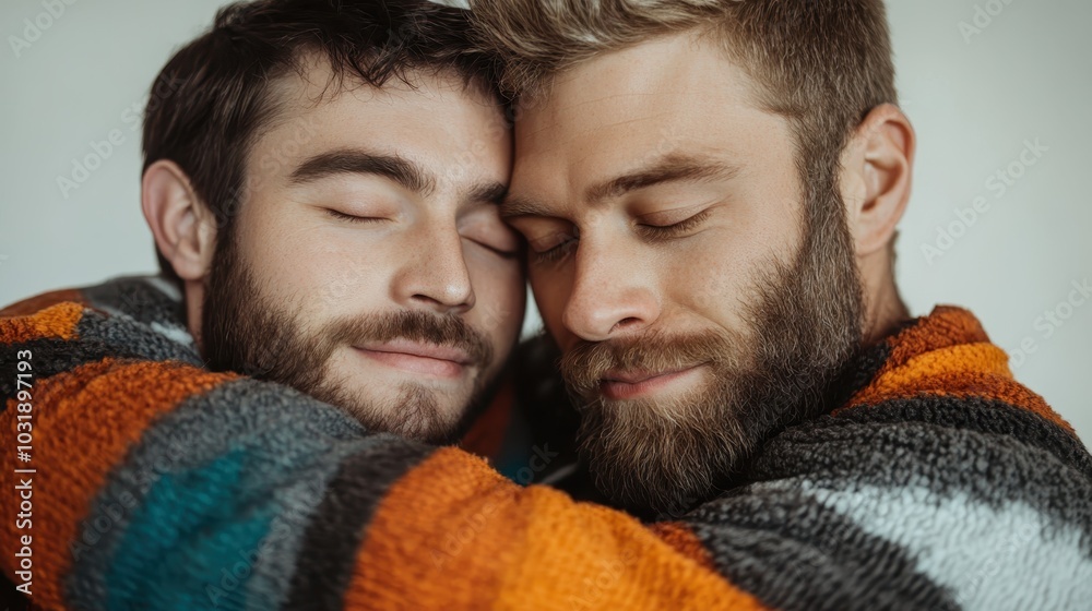Close-up of two bearded men sharing an intimate embrace, eyes gently closed and expressing warmth and contentment in a serene setting with natural light. Close-up of two bearded men sharing an intimate embrace, eyes gently closed and expressing warmth and contentment in a serene setting with natural light.