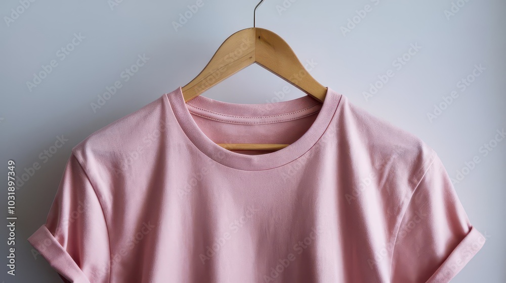 A rack of shirts Pink t-shirt hanging on a hanger for mockup Simple Baby Pink Plain Tee Tshirt hanging on wooden hanger with plain background for summer tee, clothes, apparel, clothing banner Fashion A rack of shirts Pink t-shirt hanging on a hanger for mockup Simple Baby Pink Plain Tee Tshirt hanging on wooden hanger with plain background for summer tee, clothes, apparel, clothing banner Fashion