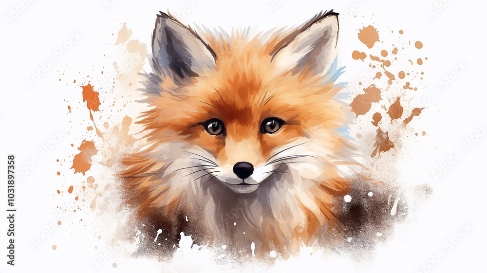 Cunning red fox, an eared predator, a wild beast in colored splashes of watercolor paints Cunning red fox, an eared predator, a wild beast in colored splashes of watercolor paints