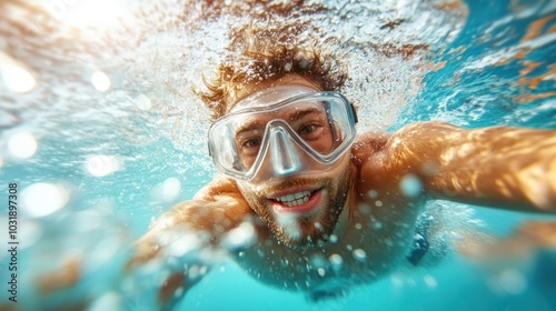 Wallpaper Mural A smiling man takes an immersive underwater selfie wearing goggles, capturing the joy and spontaneity of aquatic experiences under the glistening sunlit waves. Torontodigital.ca