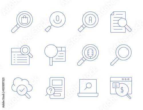 Search icons. Thin Line style, editable stroke. advanced search, search, information, magnifying glass, paid search, searching
