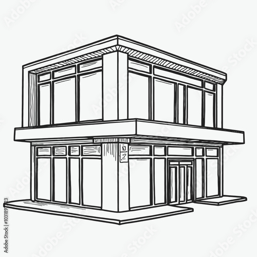 a black and white line drawing of a modern building. The building appears to be a two-story structure with a flat roof and large windows on the second floor