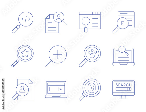 Search icons. Thin Line style, editable stroke. analysis, job search, magnifying glass, search engine, browsing