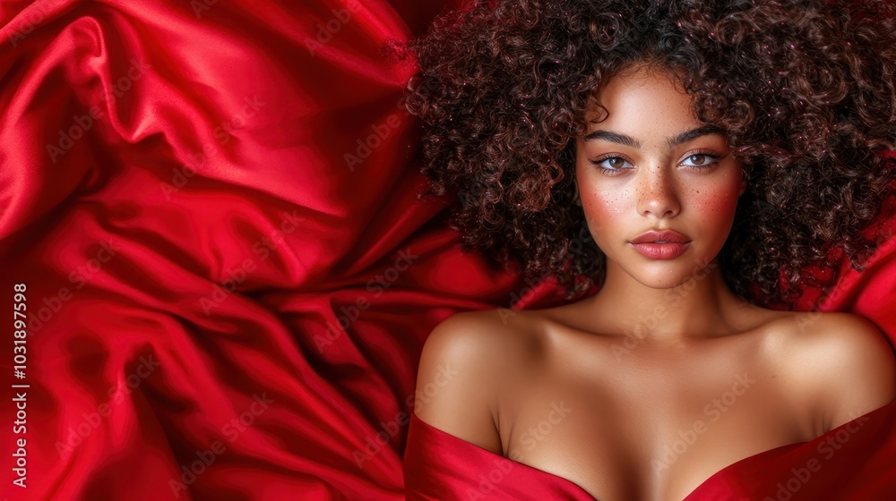 A captivating portrait of a woman with curly hair, draped elegantly in rich red silk, emphasizing her beauty and the luxurious texture of the fabric around her. A captivating portrait of a woman with curly hair, draped elegantly in rich red silk, emphasizing her beauty and the luxurious texture of the fabric around her.