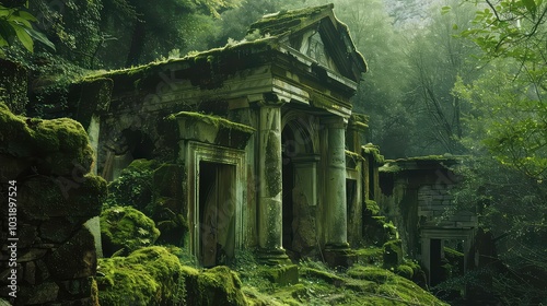 The image depicts the ruins of an ancient temple, heavily overgrown with moss and vegetation, set deep within a dense forest.