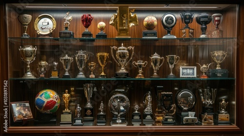 A collection of trophies in a display case, featuring awards from various competitions, showcasing a range of achievements in sports, academics, and arts