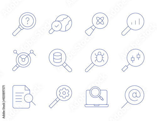 Search icons. Thin Line style, editable stroke. search, science, investigation, preview, browser