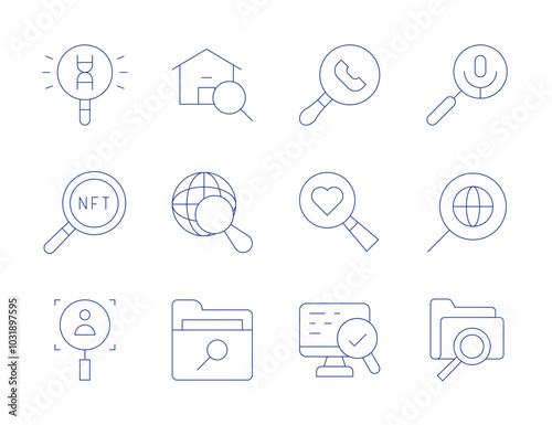 Search icons. Thin Line style, editable stroke. searching, checking, search house