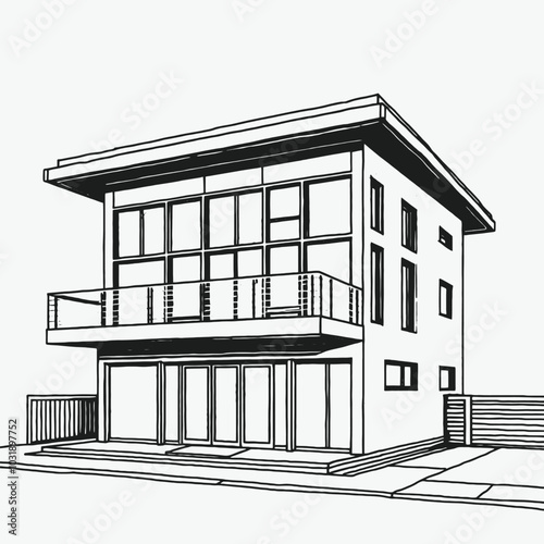 a black and white line drawing of a modern building. The building appears to be a two-story structure with a flat roof and large windows on the second floor
