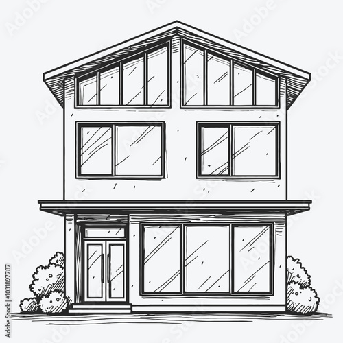 a black and white line drawing of a modern building. The building appears to be a two-story structure with a flat roof and large windows on the second floor