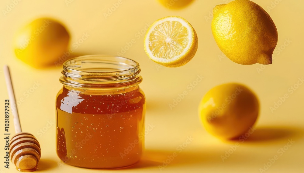 A jar of honey with fresh lemons floating in the air around it, surreal photography, honey lemon, magical health ingredients A jar of honey with fresh lemons floating in the air around it, surreal photography, honey lemon, magical health ingredients