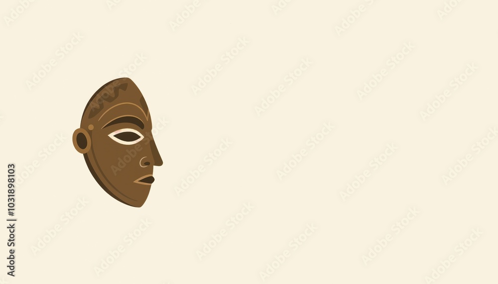 Stylized brown mask with subtle details on light beige background, minimalist design, copy space, african mask, Kwanzaa background Stylized brown mask with subtle details on light beige background, minimalist design, copy space, african mask, Kwanzaa background