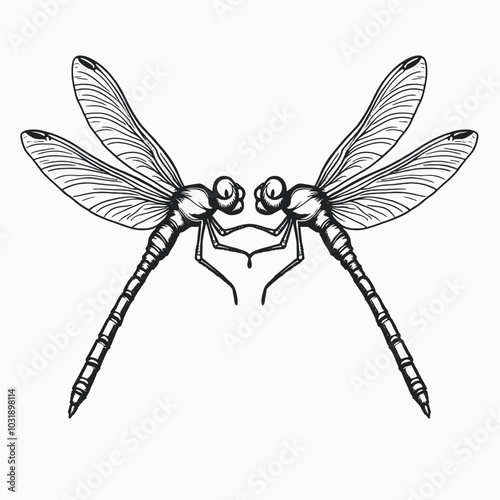 a black and white line drawing of two dragonflies. The dragonflies are facing each other and appear to be in mid-flight