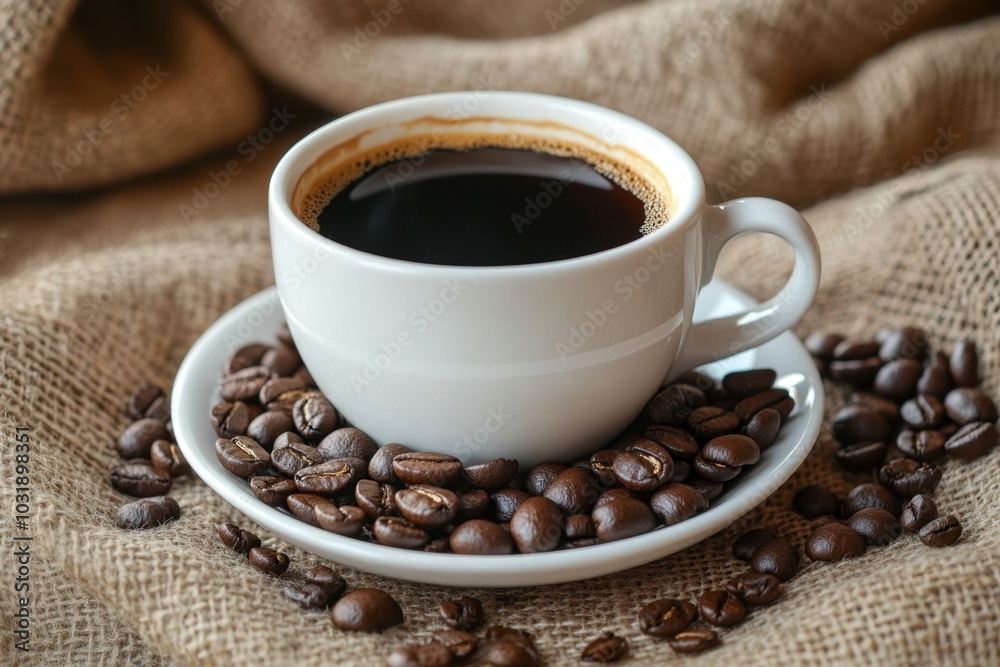 White Cup of Coffee with Roasted Beans on Burlap White Cup of Coffee with Roasted Beans on Burlap