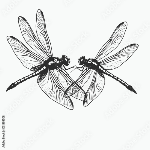a black and white line drawing of two dragonflies. The dragonflies are facing each other and appear to be in mid-flight