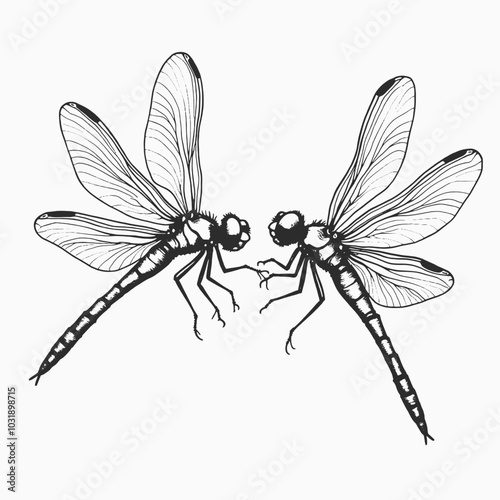 a black and white line drawing of two dragonflies. The dragonflies are facing each other and appear to be in mid-flight