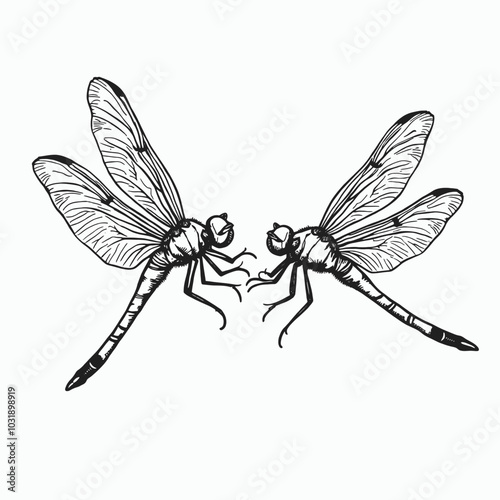 a black and white line drawing of two dragonflies. The dragonflies are facing each other and appear to be in mid-flight