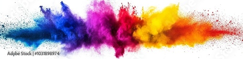 Colorful powder explosion against a white background, creating a vibrant and dynamic scene, perfect for advertising, artistic projects, or promotional materials with space for text.
