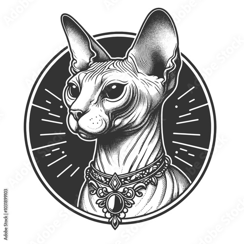 Sphynx cat, showcasing its distinctive hairless body and large ears, in a vintage style sketch engraving generative ai vector illustration. Scratch board imitation. Black and white image. photo