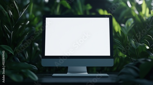 Exploring wild jungles with computer monitor mockup. Digital technology in virgin nature template advertising image. Pc display glowing mock up and plants product photorealistic