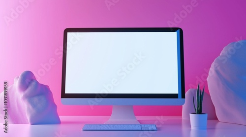 Mockup pc monitor with succulent and rocks. Office decor with abstract sculptures and computer template advertising image. Workplace equipment display mock up product photorealistic