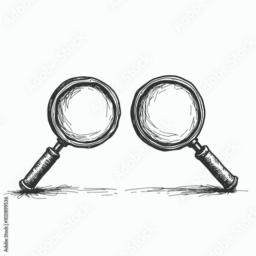  a black and white line drawing of two magnifying glasses. The glasses are facing each other and have a handle on one side 