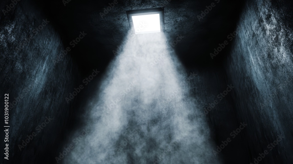  A dark room with a single light at the end of the tunnel