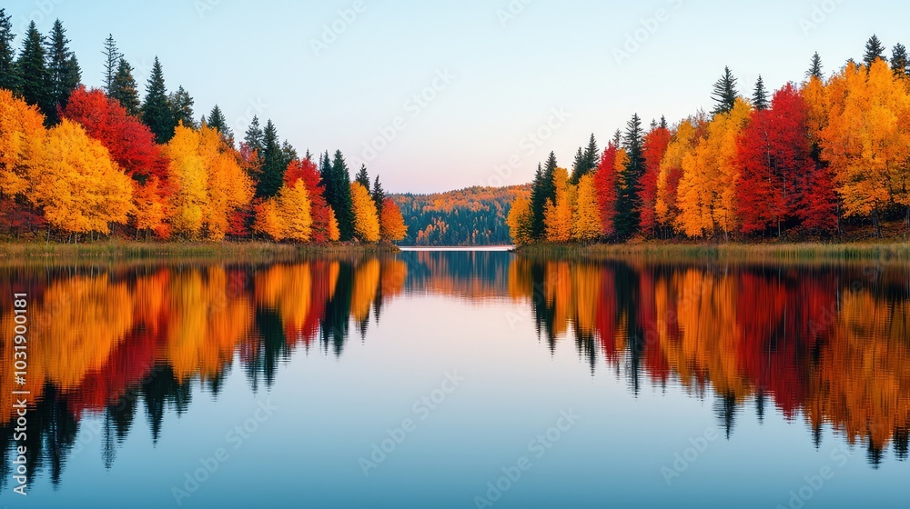 Obraz premium Autumn foliage reflecting on a calm lake.