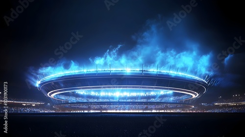 Futuristic Sports Stadium Harnessing Energy from Crowds and Players to Power Lights and Screens