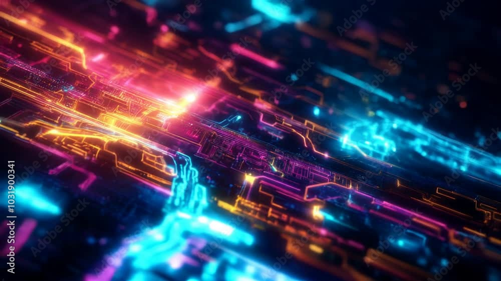 Abstract technological and futuristic background with data transmission lines that flow through communication channels. Sci-fi video background.