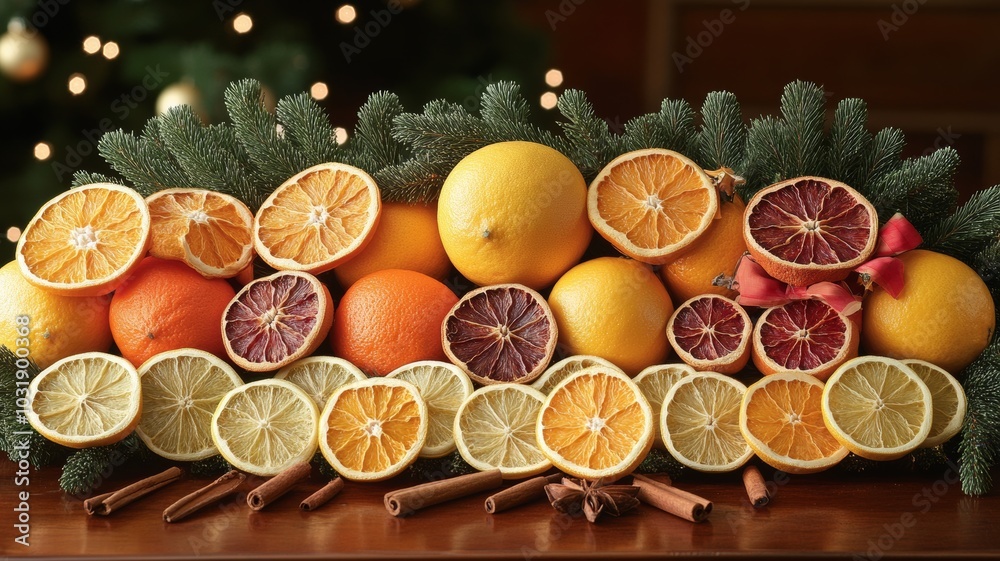 A Christmas tree decorated with dried citrus slices--such as oranges, lemons, and limes--along with cinnamon sticks and red bows A Christmas tree decorated with dried citrus slices--such as oranges, lemons, and limes--along with cinnamon sticks and red bows