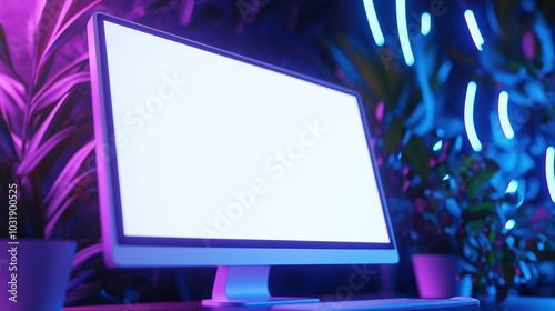Mockup lcd pc display in neon decorated office. Contemporary equipment for work online template advertising image. Digital device mock up in futuristic interior product photorealistic