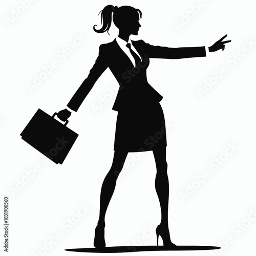 a black and white silhouette of a woman in a business suit. She is standing with her left arm stretched out to the side and her right hand holding a briefcase 