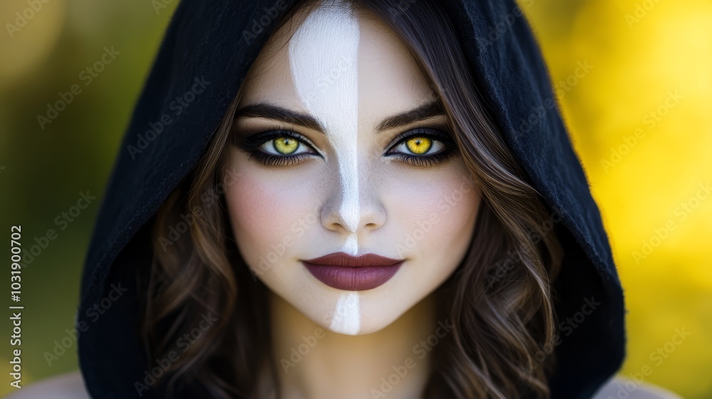 A woman's face, closely framed White lines mark her features She wears a hood in black A woman's face, closely framed White lines mark her features She wears a hood in black