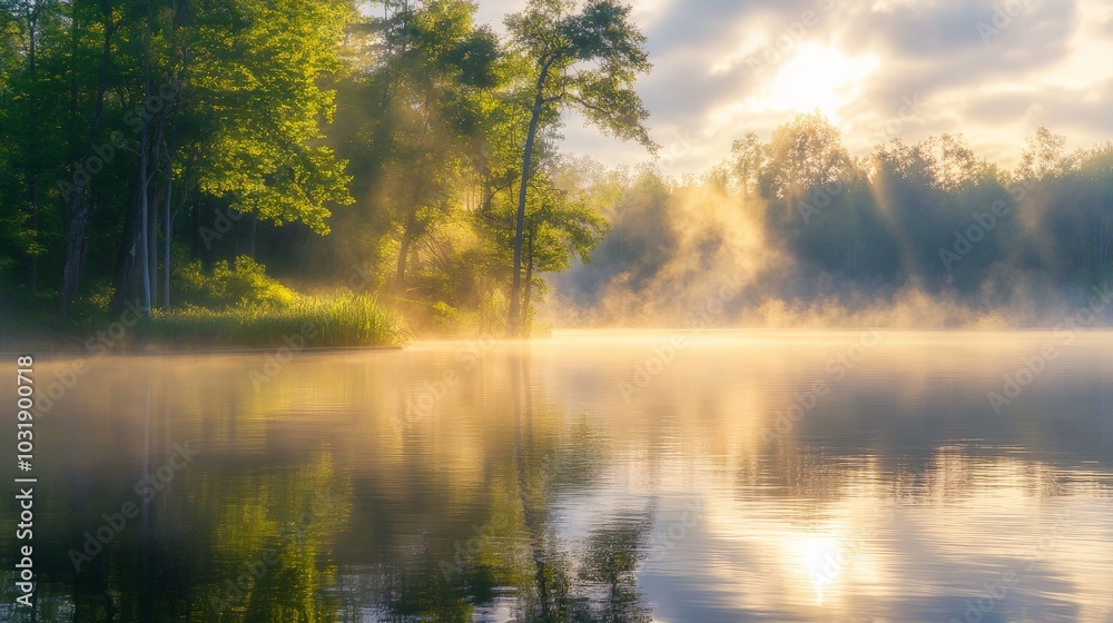 Peaceful Morning Reflection in the Forest Lake Peaceful Morning Reflection in the Forest Lake