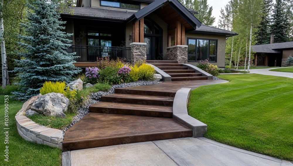 Stained Concrete with Elegant Curved Steps Leading to the Front Door Stained Concrete with Elegant Curved Steps Leading to the Front Door